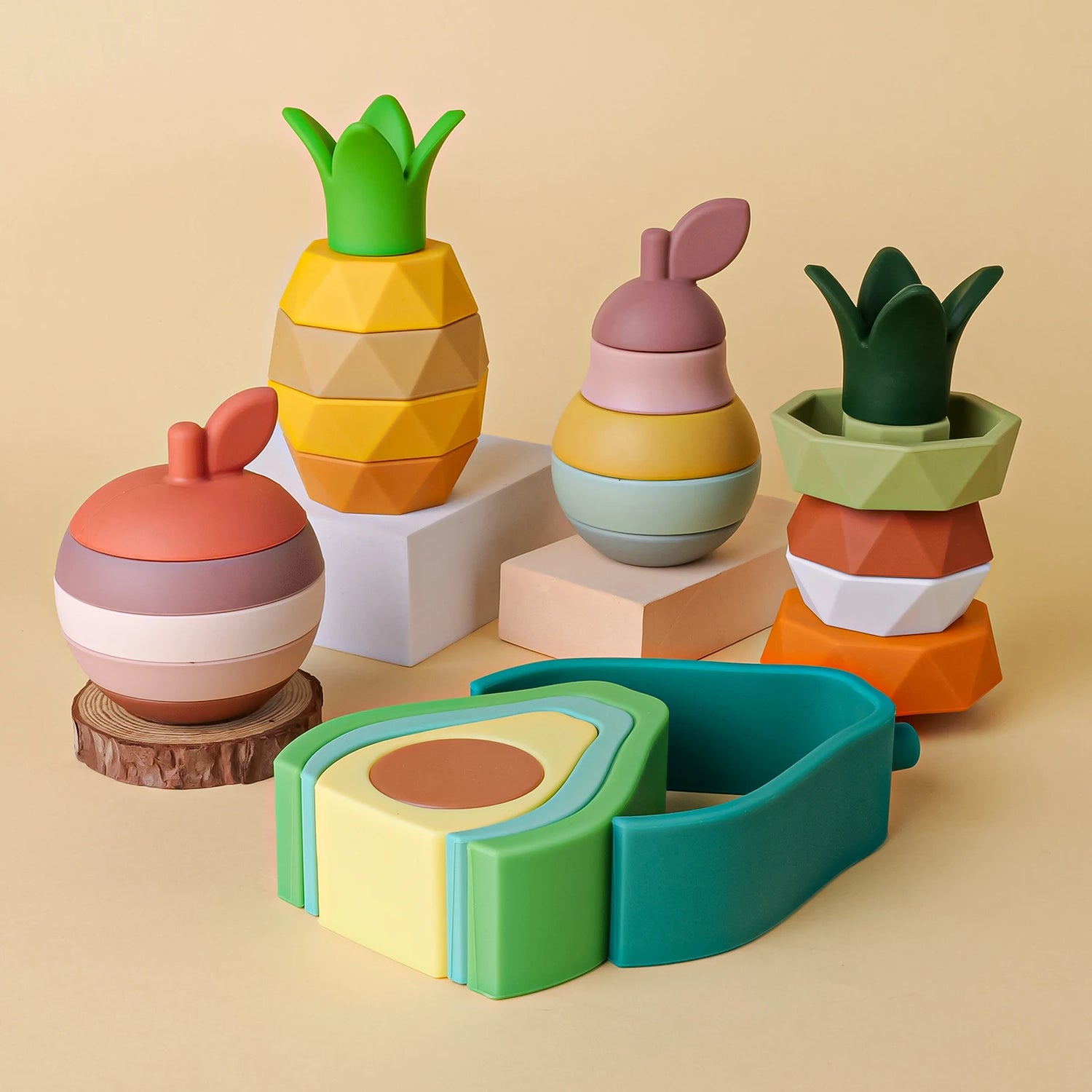 Blocos de Empilhar em Formato de Frutas - Brinquedo de Silicone para Bebês