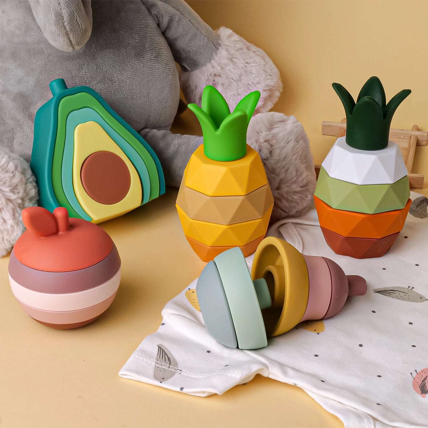 Blocos de Empilhar em Formato de Frutas - Brinquedo de Silicone para Bebês