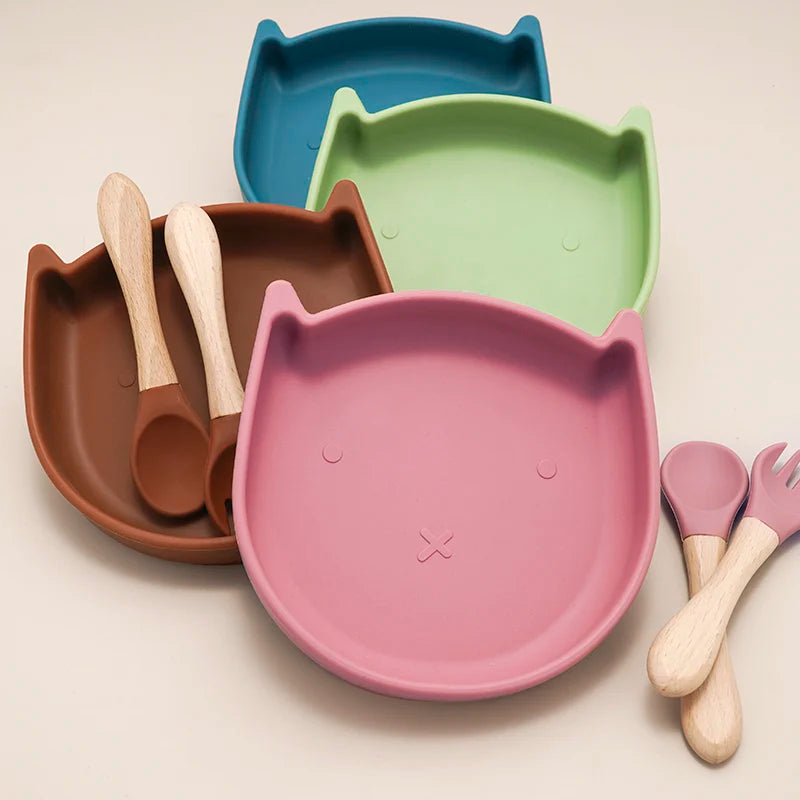 Kit Prato Gatinho & Talheres de Silicone
